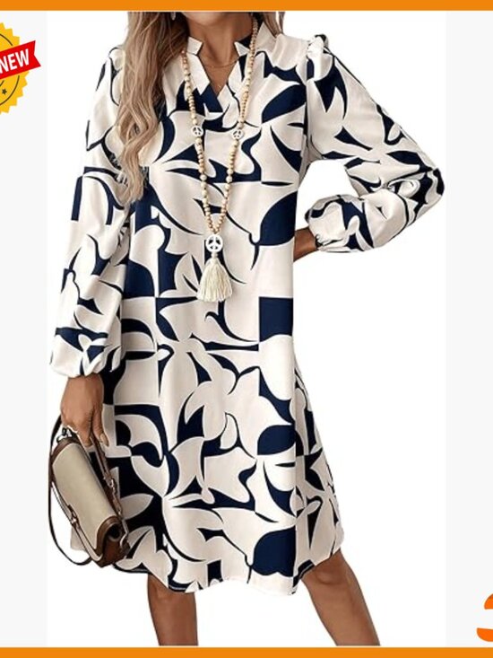 Dresses & Skirts - Geometric Print V-Neck Lantern Sleeve Casual Dress Polyester Long Sleeve